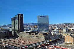 Radisson Blu Plaza Hotel (right) and Posthuset (left), two of the tallest buildings in Norway. Oslo Plaza og Postgirobygget2.jpg