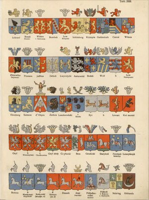 Page with Tables XVIII - coat of arms "Lion Krupski" (Polish: Lew Krupski
) 1st series of 5th from left to right PL Stanislaw Teodor Chrzanski-Tablice odmian herbowych.djvu