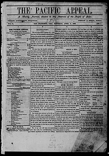 Front page of the first issue of the Pacific Appeal, published April 5, 1862. Pacific Appeal 1862-04-05.jpg