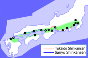 Harta megalopolisului japonez, indicând rutele Tōkaidō Shinkansen și Sanyō Shinkansen