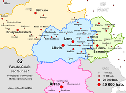 Lens se ligging in die oostelike gedeelte van die département Pas-de-Calais