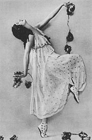 Anna Pavlova as a bacchante in Bacchanale by Mikhail Mordkin. Pavlova Anna as a bacchante in The Seasons.jpg