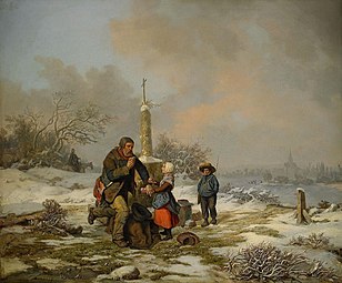 Winter Landscape with Man and Children at a Road Altar (1840)