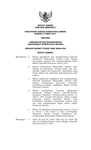 Peraturan Daerah Kabupaten Lebong Nomor 04 Tahun 2017 tentang Pengakuan dan Perlindungan Masyarakat Hukum Adat Rejang