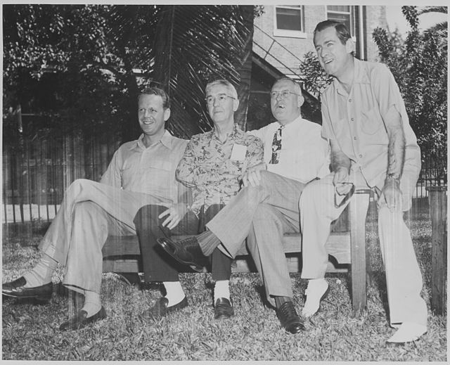 Close associates of President Harry S. Truman, photographed in spring 1948, during the President's vacation at Key West, Florida. Left to right: Clark