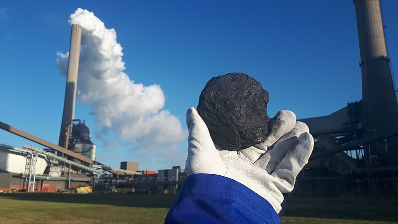 File:Piece of coal in front of a coal firing power plant.jpg