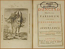 Frontispiece—an engraving of a donkey burdened by a pile of books—and title page of a book, inscribed "DUNCIAD // With NOTES // VARIORUM, // AND THE PROLEGOMENA OF SCRIBLERIUS."