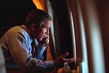President Bush speaks with Vice President Dick Cheney aboard Air Force One, September 11, 2001 President George W. Bush talks on the phone with Vice President Dick Cheney from Air Force One.jpg