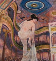 Burlesque Queen by Roswell Weidner, c. 1955, oil/tempera on burlap. Collection of the Pennsylvania Academy of the Fine Arts. (Interior of the Trocadero Theatre in Philadelphia, PA)