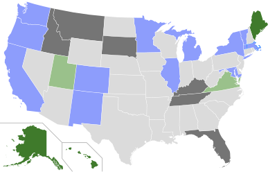 Ranked-choice voting in the US by state
.mw-parser-output .legend{page-break-inside:avoid;break-inside:avoid-column}.mw-parser-output .legend-color{display:inline-block;min-width:1.25em;height:1.25em;line-height:1.25;margin:1px 0;text-align:center;border:1px solid black;background-color:transparent;color:black}.mw-parser-output .legend-text{}
Some state-wide elections
Local option for municipalities to opt-in
Local elections in some jurisdictions
RCV banned state-wide RCV by US state as of August 2023.svg