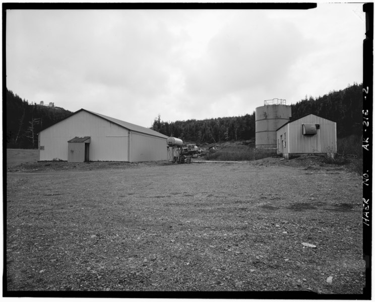 File:REAR, SHOWING DIESEL STORAGE TANK AND PUMP HOUSE, LOOKING WEST - Boswell Bay White Alice Site, Warehouse, Chugach National Forest, Cordova, Valdez-Cordova Census Area, AK HAER AK,20-CORD.V,2-E-2.tif