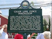 A New Hampshire Historical Marker in Raymond, New Hampshire commemorating Mafera's innovation. While living in Raymond, Mafera patented the method for making residential chain-link fencing. Raymond Mafera Marker.jpg