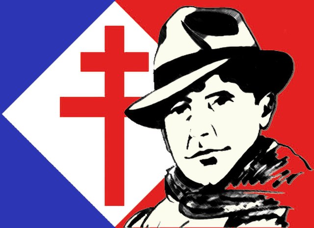 Drawing of Jean Moulin based on iconic photo with hat and scarf, cross of Lorraine in background
