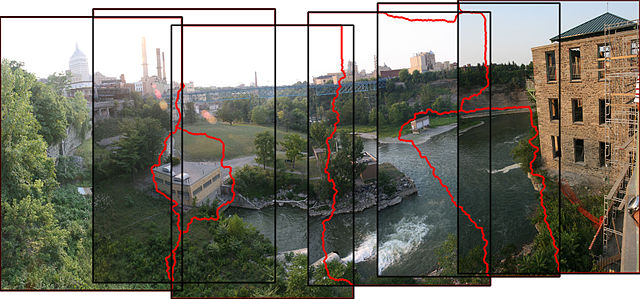 This sample image shows geometrical registration and stitching lines in panorama creation.