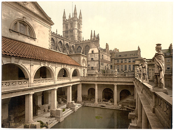 19th-century photochrom of the Great Bath at the Roman Baths. The entire structure above the level of the pillar bases is a later construction and was