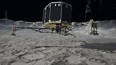 Comet lander Philae showing anchoring harpoons (2) and foot-pad screws (3)