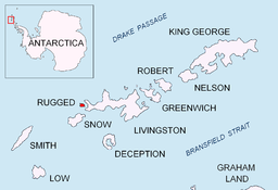 Plasseringa til Rugged Island in the Sør-Shetlandsøyane.