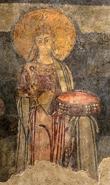 File:San lorenzo in insula, cripta di epifanio, affreschi di scuola benedettina, 824-842 ca., teoria di sei sante in costume bizantino, 12.jpg