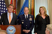 Goldfein with Secretary of Defense Ash Carter and Secretary of the Air Force Deborah Lee James at the Pentagon, April 2016. Secretary of Defense Ash Carter briefs the official announcement of Air Force Vice Chief of Staff Gen. David Goldfein.jpg