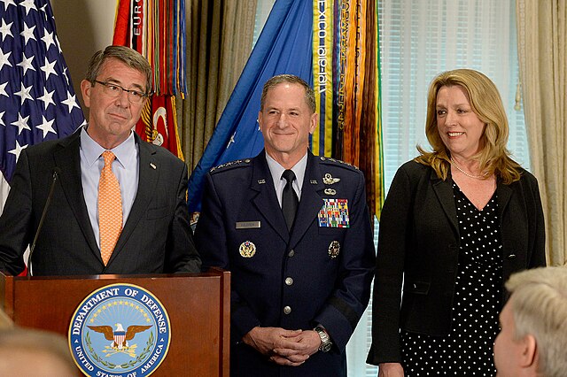 Goldfein with Secretary of Defense Ash Carter and Secretary of the Air Force Deborah Lee James at the Pentagon, April 2016.