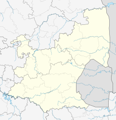 Mapa konturowa Mpumalangi, blisko dolnej krawiędzi znajduje się punkt z opisem „Volksrust”