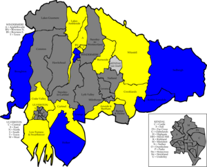 Map of the results of the 2007 South Lakeland council election. Liberal Democrats in yellow and Conservatives in blue. Wards in grey were not contested in 2007. South Lakeland 2007 election.png