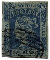 1853 2d blue design, re-engraving of 1855 (plate 3) with crossed lines in background. Stamp New South Wales 1855 2p.jpg