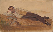 Pintura.  Homem de camisa e colete, deitado no sofá, segurando a cabeça com uma das mãos, pernas cruzadas e lendo.