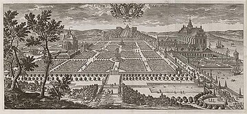 Slottsparken, vy mot norr, kopparstick av Adam Perelle i Suecia antiqua et hodierna, 1670–1674