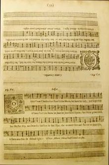 A table-book printing from Henry Lawes' The treasury of musick: containing ayres and dialogues to sing to the theorbo-lute or basse-viol., 1669. Table-book, Lawes.jpg