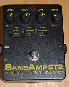 Tech 21 SansAmp GT2, a pedal emulating various guitar amplifiers and speakers. Tech 21 SansAmp GT2.jpg