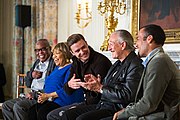 Justin TImberlake, center, shares a laugh with other musicians on the stage. From left to right: Sam Moore, Mavis Staples, Charlie Musselwhite and Ben Harper. (9 April 2013)