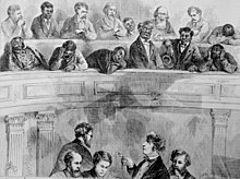 Illustration of men seated in the gallery during the trial The ladies' gallery in the Senate chamber, Washington, D.C. The gentlemen's gallery in the Senate chamber, Washington, D.C. - - Bgms (or Brgms), from a sketch by E. Jump. LCCN2011645260 (cropped to Gentleman's gallery).jpg