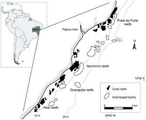 Mapa em inglês de localização da foz do Pojuca e de recifes de coral no Litoral Norte da Bahia.