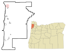 Tillamook County Oregon Sisällytetyt ja rekisteröimättömät alueet Nehalem Highlighted.svg