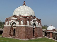 Tomb of Ghiyath al-Din Tughluq (d. 1325), Delhi, with a batter of 25deg. Tomb of Ghiyasuddin Tughlaq and side tomb (3319047170).jpg