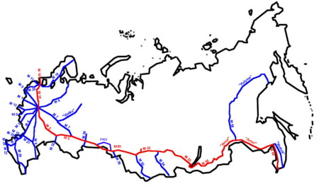 Several roads comprising the Trans-Siberian Highway Trans-Siberian Highway 2018.png