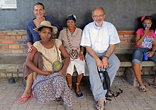 Francesco d'Errico (second right) and Lucinda Backwell (left back) with friends at Tsumkwe, Namibia. Tsumkwe.jpg