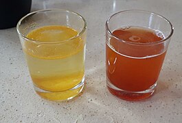Turmeric dissolved in water is yellow under acidic and reddish brown under alkaline conditions