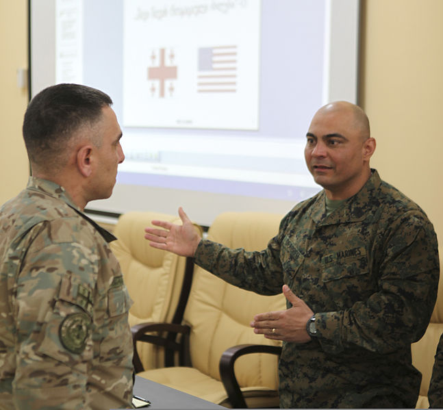 File:U.S. Marine Corps Sgt. Maj. Nicholas Deabreu, right, the battalion sergeant major of Black Sea Rotational Force 13, speaks with a Georgian soldier during a noncommissioned officer seminar March 20, 2013 130320-M-ZP546-049.jpg