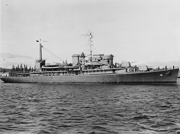 USS Barnegat (AVP-10), lead ship of the Barnegat-class small seaplane tenders, in Puget Sound on 14 October 1941