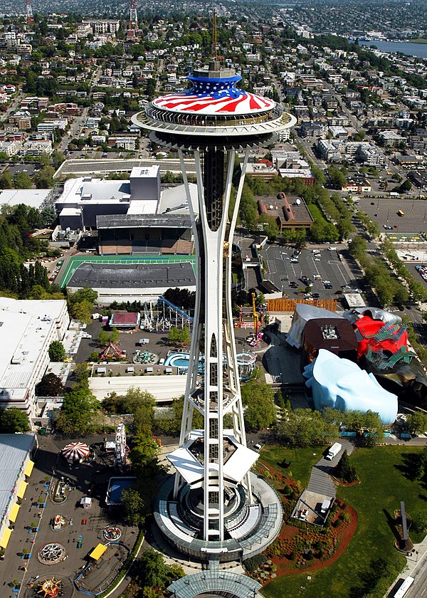 Aerial photograph of the Space Needle in 2003 decorated for Memorial Day
