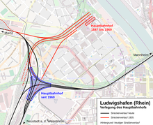 Alter und neuer Standort des Ludwigshafener Hauptbahnhofs