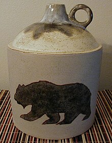 Drinkers of the Civil War era might have been served from glazed earthenware jugs (such as this contemporary creation photographed 2011) WHISKEY JUG WITH BEAR.JPG