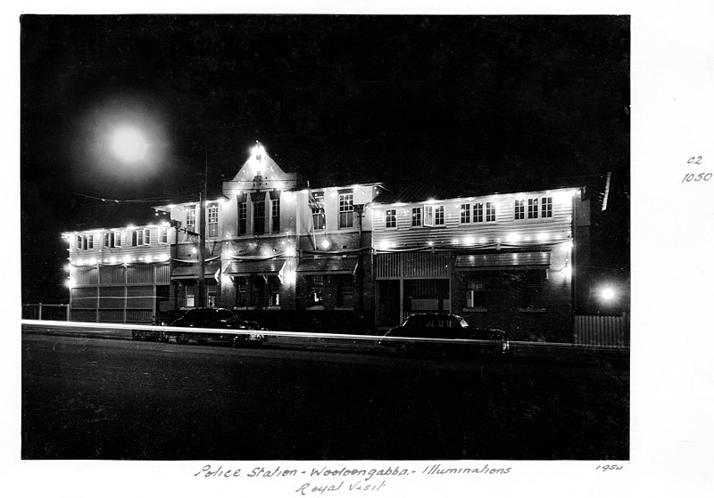 File:Woolloongabba Police Station illuminations - Royal Visit, Brisbane, March 1954.jpg