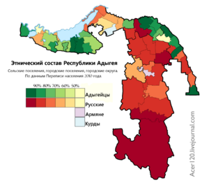 Этнический состав Республики Адыгея по городским и сельским поселениям, в %, перепись 2010 г.