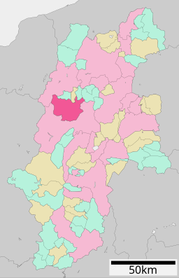 Azuminos läge i Nagano prefektur Städer:      Signifikanta städer      Övriga städer Landskommuner:      Köpingar      Byar