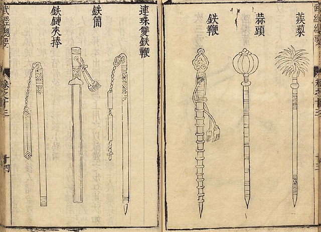 An assortment of club weapons from the Wujing Zongyao from left to right: flail, metal bat, double flail, truncheon, mace, barbed mace