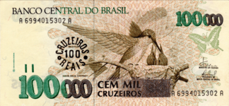 CR$100 (overstamped Cr$100,000 banknote)