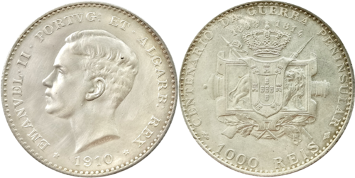 Silver coin: 1000 reis Manuel II of Portugal, 1910 - commemorating the Peninsular War